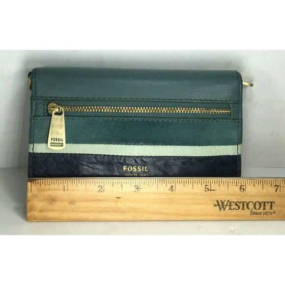 Fossil Green and Blue Leather Checkbook Card ID Clutch Wallet  (Monogram MLC) - Picture 7 of 12